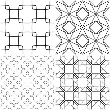 Geometrik desenler. Siyah beyaz tek renkli kesintisiz arka planlar kümesi. Vektör çizim