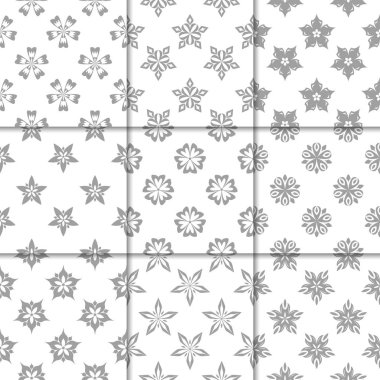 Gri ve beyaz çiçekli süsler. Kağıt için tarafsız Dikişsiz desen koleksiyonu Tekstil