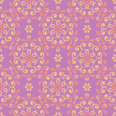 Menekşe çiçek sorunsuz arka plan. Duvar kağıtları, Tekstil ve kumaş için pembe ve sarı parlak desen