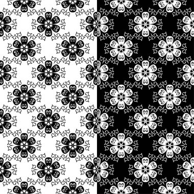 Siyah ve beyaz çiçek arka planlar. Tekstil ve duvar kağıtları için dikişsiz desen seti