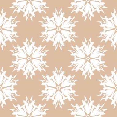 Bej sorunsuz arka plan üzerinde beyaz çiçek süsleme. Tekstil ve duvar kağıtları için seamless modeli