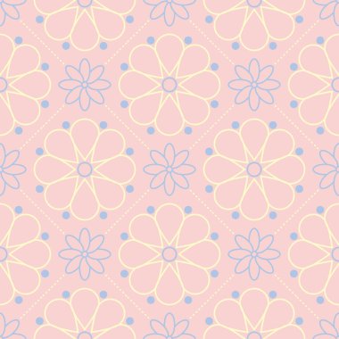 Pembe çiçek seamless modeli ile duvar kağıdı, Tekstil ve kumaş için ışık mavi ve sarı çiçek öğeleri