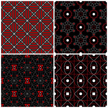 Sorunsuz siyah beyaz ve kırmızı desenler. Klasik geometrik arka plan duvar kağıtları ve tekstil