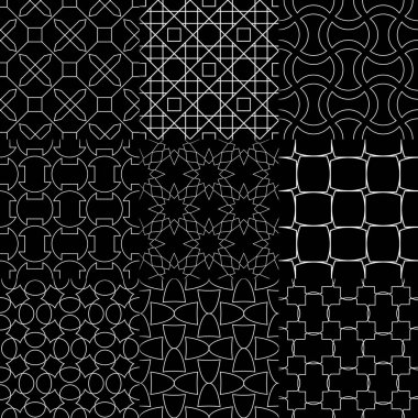Siyah ve beyaz geometrik süsler. Web, Tekstil ve duvar kağıtları için klasik Dikişsiz desen koleksiyonu
