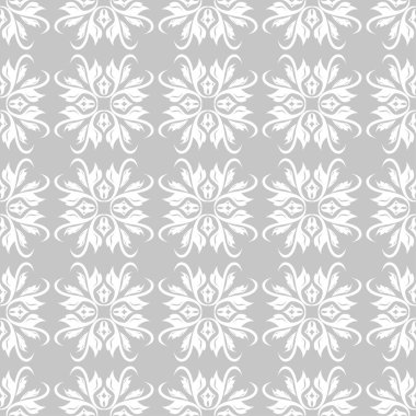 Gri arka plan üzerinde beyaz çiçekler. Tekstil ve duvar kağıtları için süs seamless modeli