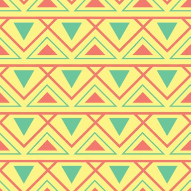 Geometrik şekilli elemanları ile sorunsuz arka plan. Parlak sarı arka plan duvar kağıtları, Tekstil ve kumaş için pembe ve yeşil tasarım ile