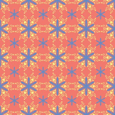 Çiçek seamless modeli. Parlak pembe turuncu arka plan duvar kağıtları, Tekstil ve kumaş için sarı ve mavi çiçek öğeleri ile