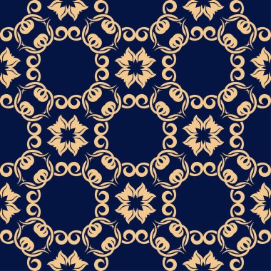 Koyu mavi zemin üzerine altın çiçek öğe. Tekstil ve duvar kağıtları için seamless modeli