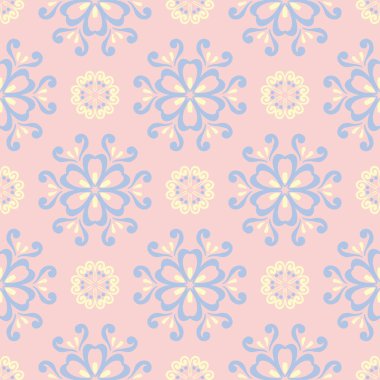 Çiçek seamless modeli. Soluk pembe arka plan duvar kağıtları, Tekstil ve kumaş için ışık mavi ve sarı çiçek öğeleri