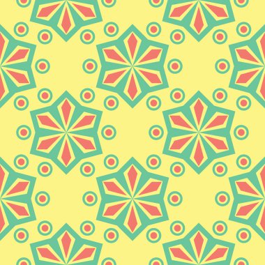 Geometrik şekilli elemanları ile sorunsuz arka plan. Parlak sarı arka plan duvar kağıtları, Tekstil ve kumaş için pembe ve yeşil tasarım ile