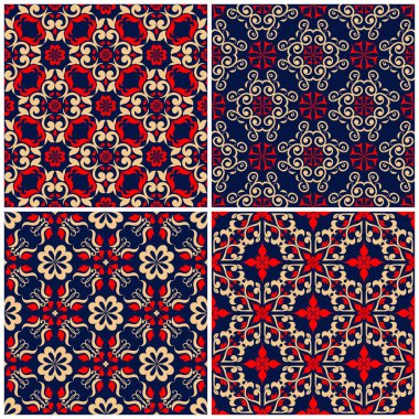 Sorunsuz arka planlar. Duvar kağıtları, Tekstil ve kumaş çiçek desenleri ile mavi klasik bej ve kırmızı belirler