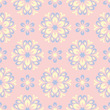 Çiçek soluk pembe seamless modeli mavi ve bej tasarımları ile. Arka plan duvar kağıtları, Tekstil ve kumaş için