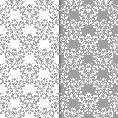 Beyaz ve gri çiçek süs tasarımlar. Tekstil ve duvar kağıtları için dikişsiz desen seti