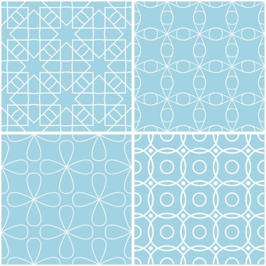 Geometrik desenler. Mavi ve beyaz sorunsuz arka planlar kümesi. Vektör çizim