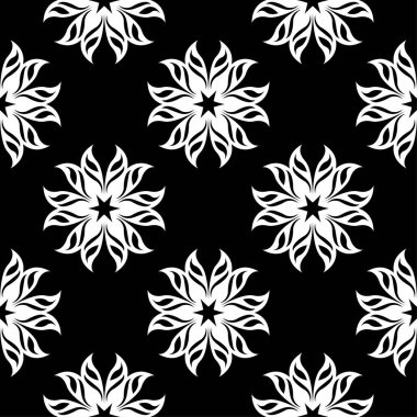 Siyah arka plan üzerine beyaz çiçek süsleme. Tekstil ve duvar kağıtları için seamless modeli
