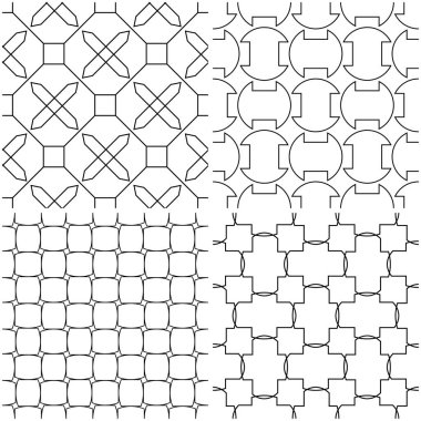 Geometrik desenler. Siyah beyaz tek renkli kesintisiz arka planlar kümesi. Vektör çizim