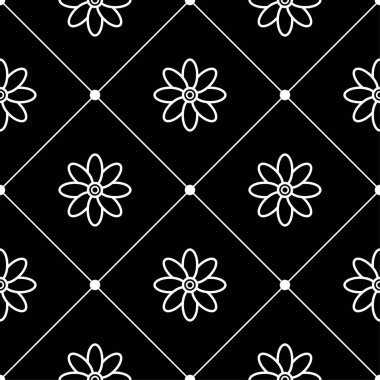 Siyah arka plan üzerine beyaz çiçek süsleme. Tekstil ve duvar kağıtları için seamless modeli