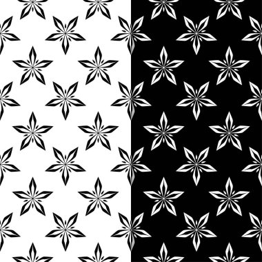 Siyah ve beyaz çiçek arka planlar. Tekstil ve duvar kağıtları için dikişsiz desen seti