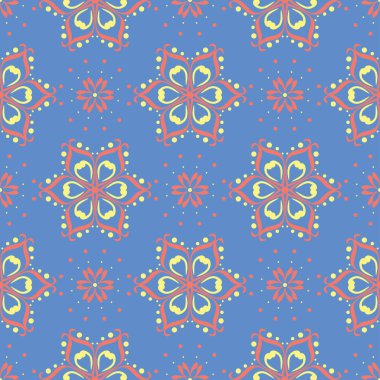 Çiçek tasarım ile mavi seamless modeli. Renkli arka plan duvar kağıtları, Tekstil ve kumaş için kırmızı sarı çiçek öğeleri ile