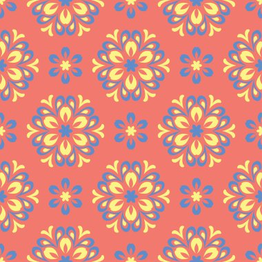 Çiçek tasarım seamless modeli. Duvar kağıtları ve kumaşlar için somon kırmızı zemin üzerine parlak sarı ve mavi çiçek öğeleri