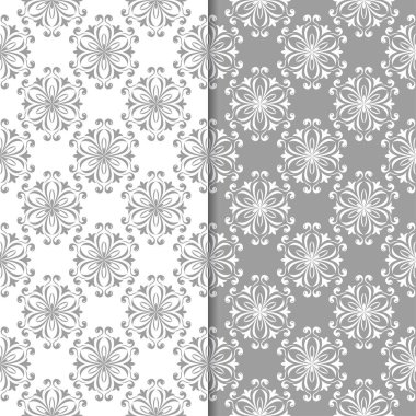 Beyaz ve gri çiçek süs tasarımlar. Tekstil ve duvar kağıtları için dikişsiz desen seti