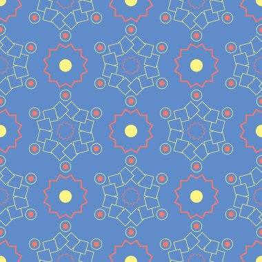 Geometrik mavi seamless modeli. Arka plan duvar kağıtları, Tekstil ve kumaş için kırmızı ve sarı tasarımı ile çok renkli