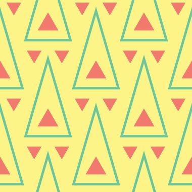 Geometrik şekilli elemanları ile sorunsuz arka plan. Parlak sarı arka plan duvar kağıtları, Tekstil ve kumaş için pembe ve yeşil tasarım ile