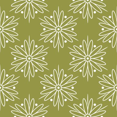 Zeytin yeşil zemin üzerine beyaz çiçek süsleme. Tekstil ve duvar kağıtları için seamless modeli