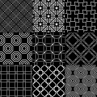 Siyah ve beyaz geometrik süsler. Web, Tekstil ve duvar kağıtları için klasik Dikişsiz desen koleksiyonu
