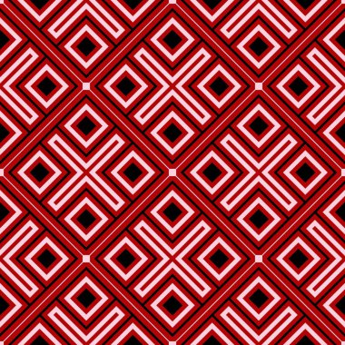 Geometrik seamless modeli. Kırmızı zemin üzerine siyah ve beyaz öğeleri. Duvar kağıtları ve tekstil tasarım