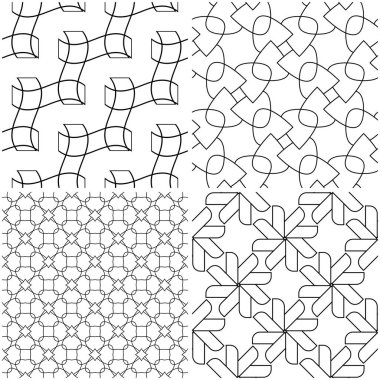Geometrik desenler. Siyah beyaz tek renkli kesintisiz arka planlar kümesi. Vektör çizim