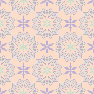 Geometrik seamless modeli. Bej renkli arka plan duvar kağıtları, Tekstil ve kumaş için mor ve mavi öğeleri ile