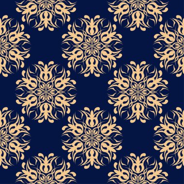 Koyu mavi zemin üzerine altın çiçek süsleme. Tekstil ve duvar kağıtları için seamless modeli
