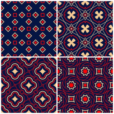 Sorunsuz arka planlar. Mavi klasik bej ve kırmızı duvar kağıtları, Tekstil ve kumaş için geometrik desenlerle ayarlar