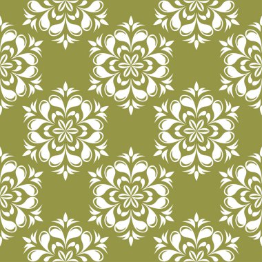 Zeytin yeşil zemin üzerine beyaz çiçek süsleme. Tekstil ve duvar kağıtları için seamless modeli