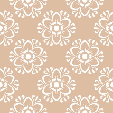 Bej renkli arka plan üzerinde beyaz çiçek süs tasarım. Tekstil ve duvar kağıtları için seamless modeli
