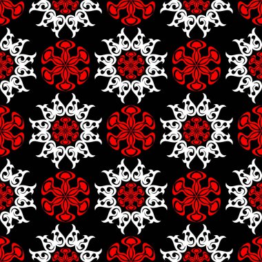 Sorunsuz çiçek desenli. Siyah arka plan üzerinde öğeleri kırmızı ve beyaz