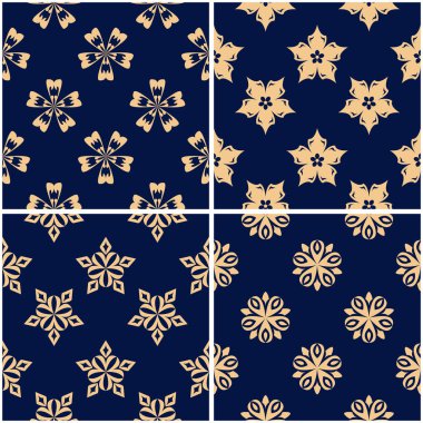 Çiçek desenleri. Altın mavi sorunsuz arka planlar kümesi. Vektör illustraton