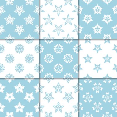 Mavi ve beyaz çiçekli süsler. Kağıt için dikişsiz desen koleksiyonu Tekstil