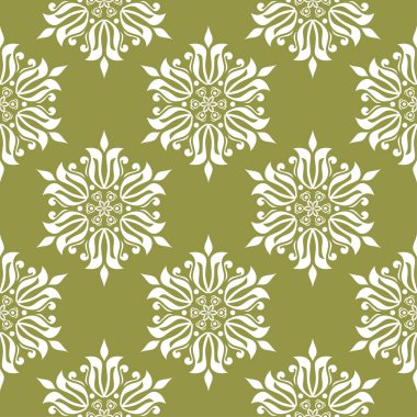 Zeytin yeşil zemin üzerine beyaz çiçek süsleme. Tekstil ve duvar kağıtları için seamless modeli