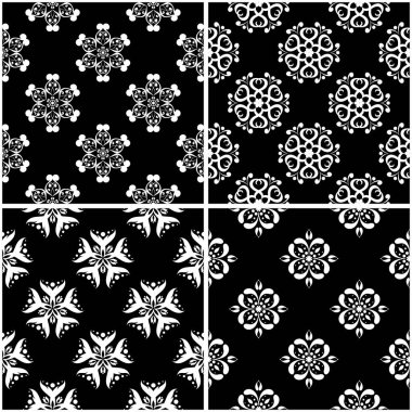 Çiçek desenleri. Siyah beyaz tek renkli kesintisiz arka planlar kümesi. Vektör çizim