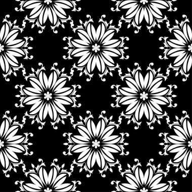 Siyah arka plan üzerine beyaz çiçekler. Tekstil ve duvar kağıtları için süs seamless modeli