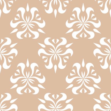 Bej renkli arka plan üzerinde beyaz çiçek süsleme. Tekstil ve duvar kağıtları için seamless modeli