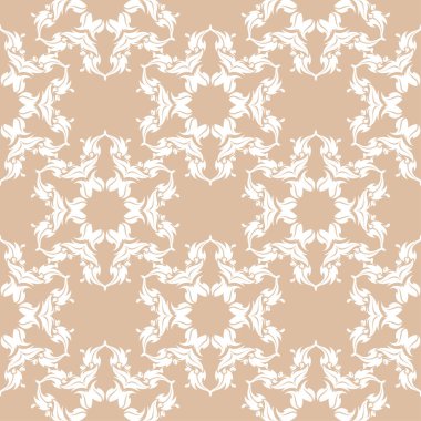 Bej renkli arka plan üzerinde beyaz çiçek süsleme. Tekstil ve duvar kağıtları için seamless modeli