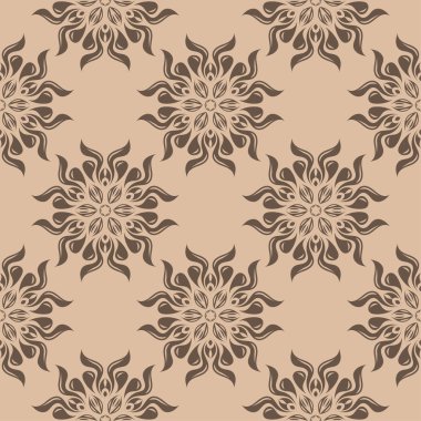 Bej renkli arka plan üzerinde koyu kahverengi çiçek süsleme. Tekstil ve duvar kağıtları için seamless modeli