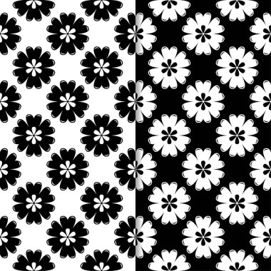 Siyah ve beyaz çiçek arka planlar. Tekstil ve duvar kağıtları için dikişsiz desen seti