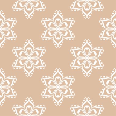 Bej sorunsuz arka plan üzerinde beyaz çiçek süsleme. Tekstil ve duvar kağıtları için seamless modeli