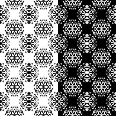 Siyah ve beyaz çiçek arka planlar. Tek renkli Dikişsiz desen Tekstil ve duvar kağıtları için set