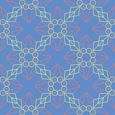 Geometrik mavi seamless modeli. Arka plan duvar kağıtları, Tekstil ve kumaş için kırmızı ve sarı tasarımı ile çok renkli