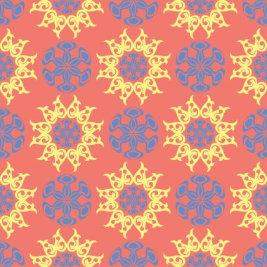 Çiçek tasarım seamless modeli. Duvar kağıtları ve Tekstil için somon kırmızı zemin üzerine parlak sarı ve mavi çiçek öğeleri